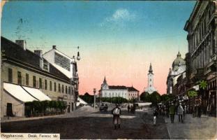 1913 Nagykanizsa, Deák Ferenc tér, templom, üzletek, Weiser J. reklámja, Korona szálloda (Rb)