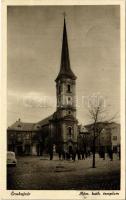1939 Érsekújvár, Nové Zámky; Római katolikus templom, automobil, kerékpár / Catholic church, automobile, bicycle