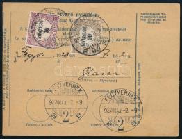 1923 Csomagszállító 175K kiegészítéssel, hátoldalán Hivatalos bélyegekkel / Parcel card with 175K fr...