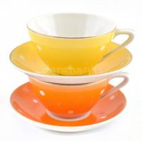 Hollóházi retro mokkás csésze és alj, 2+2 db, matricás, csészén ÁB felirattal, kopásnyomokkal