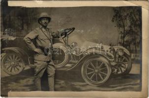 1916 Bécs, Wien, Vienna; katona autós háttér előtt / soldier in front of an automobile model. photo (EK)