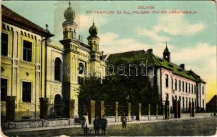 1910 Zólyom, Zvolen; Izraelita (zsidó) templom és állami polgári fiú és leányiskola, zsinagóga / synagogue, school (r)