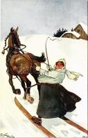 Lady on horse-drawn ski, winter sport. B.K.W.I. 371-1. s: Fritz Schönpflug