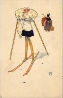Fashion lady skiing, winter sport humour. litho