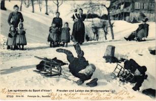 1906 Les agréments de Sport dhiver! Neuchatel Série 86. 9710. / Freuden und Leiden des Wintersportes! / Swiss winter sport, sledding accident