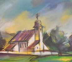 Botár László (1959-): Templom. Pasztell, papír, jelzett, üvegezett keretben, 48×33 cm