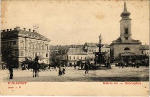Budapest VIII. Kálvin tér, templom, szökőkút, villamos, magkereskedés, üzletek (EB)