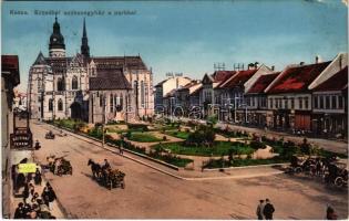 1914 Kassa, Kosice; Erzsébet székesegyház a parkkal, üzletek. Nyulászi Béla kiadása / cathedral, park, shops (EB)