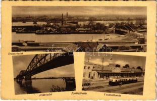 1939 Komárom, Komárno; Duna részlet, híd, Vasútállomás, vonat / Danube bridge, railway station, train (fa)