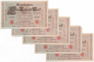 Német Birodalom 1910. 1000M piros pecsét, hétjegyű sorszámmal (5x, sorszámkövetők) T:III German Empire 1910. 1000 Mark with red seal, 7 digit serial (5x sequintal serials) C:F Krause#44b