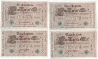 Német Birodalom 1910. 1000M (4db, 3x sorszámkövető 1x sorszámközeli) zöld pecsét T:III German Empire 1910. 1000 Mark (4pcs, 3x sequintal serials, 1x close serial number) green seal C:F Krause 45b