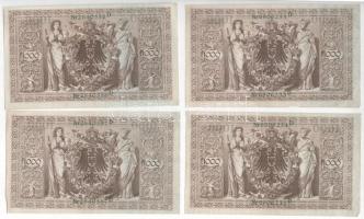Német Birodalom 1910. 1000M (4db, 2x2 sorszámkövető) zöld pecsét T:III
German Empire 1910. 1000 Mar...