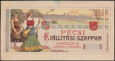 1907 Pécsi Kiállítási Szappan Schützer S. Szappangyárából, litho címke, szép állapotban, 9,5×17,5 cm