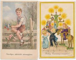 14 db RÉGI motívum képeslap: gyerek és hajó, litho, Feiertag / 14 pre-1945 motive postcards: child, ship, litho, Feiertag