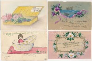 10 db RÉGI motívum képeslap: kézzel festett üdvözlő / 10 pre-1945 motive postcards: hand-painted greetings