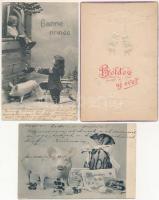 3 db RÉGI motívum képeslap: malacos üdvözlő / 3 pre-1945 motive postcards: pig greeting