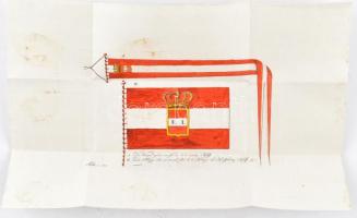 1811 Osztrák haditengerészeti lengő és lobogó színezett rézmetszetű képe, hajtott, 16×26 cm / 1811 Austrian navy pennant and flag, engraving on paper, folded, 16x26 cm