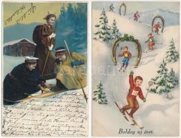 4 db RÉGI motívum képeslap: téli sport, síelés / 4 pre-1945 motive postcards: winter sport, skiing