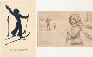 4 db RÉGI motívum képeslap: téli sport, síelés / 4 pre-1945 motive postcards: winter sport, skiing