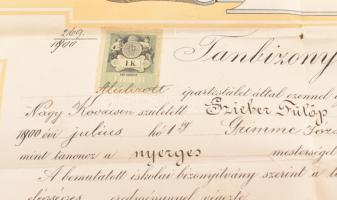 1900 Bp., díszes, nagyméretű nyerges bizonyítvány, Budapesti Könyvkötők, Kesztyűsök, Sérvkötészek, T...