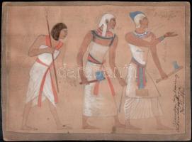 Kéméndy Jenő (1860-1925): Egyiptomiak, vegyes technika, papír kartonon, jelzés nélkül, körbevágott, a szélén eredetiséget igazoló sorokkal, 23x31 cm