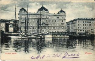 1908 Fiume, Rijeka; Palazzo Adria / palace, port, steamship, fishing boats. Divald Károly 442. sz. + FIUME - ZÁGRÁB 63. SZ. vasúti mozgóposta bélyegző (EK)