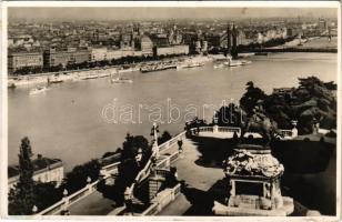 1941 Budapest I. Dunai látkép, Királyi vár, Savoyai Jenő herceg lovasszobra, Erzsébet híd, gőzhajók