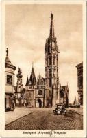1937 Budapest I. Koronázó templom, Mátyás templom, Szentháromság szobor, automobil (EB)