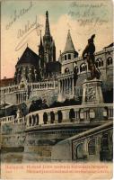 1910 Budapest I. Hunyadi János szobra és Koronázási templom, Mátyás templom. Taussig A. 5495. (EB)