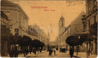 1907 Székesfehérvár, Nádor utca, Kereskedelmi Bank, Mihályi József üzlete, templom. W. L. (?) (vágott / cut)