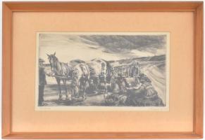 Udvary Pál (1900-1987): Delelés. Rézkarc, papír, jelzett, üvegezett fa keretben, 19×32 cm