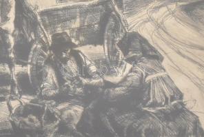 Udvary Pál (1900-1987): Delelés. Rézkarc, papír, jelzett, üvegezett fa keretben, 19×32 cm