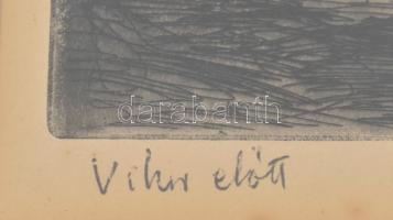 Élesdy István (1912-1987): Vihar előtt. Rézkarc, papír, jelzett, üvegezett fa keretben, 29×47 cm