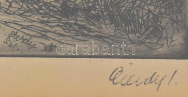 Élesdy István (1912-1987): Vihar előtt. Rézkarc, papír, jelzett, üvegezett fa keretben, 29×47 cm