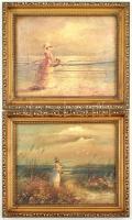 Olvashatatlan jelzéssel, 2 db mű: Hölgy a vízparton. Olaj, vászon: Fa keretben, 20×25 cm