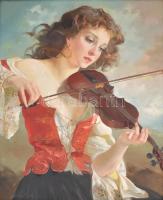 Szánthó Mária (1897-1998): Lány hegedűvel. Olaj, vászon. Jelzett. Díszes, sérült historizáló stílusú fa keretben. 85x70 cm / Mária Szánthó (1897-1998): Lady with violin. Oil on canvas, signed. Framed. 85x70 cm.