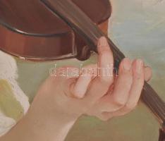 Szánthó Mária (1897-1998): Lány hegedűvel. Olaj, vászon. Jelzett. Díszes, sérült historizáló stílusú...