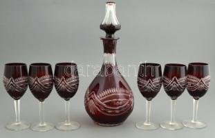 Kristály boros készlet 6 db pohár, egy nagy üvegdugós üveg.
