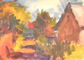 Karátson Edvin (1934?-): Őszi színvarázs, 1958. Akvarell, papír, jelzett, üvegezett fa keretben, 22×31 cm