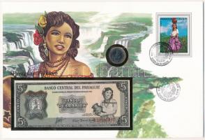 Paraguay Folklór érmés és bankjegyes, pecsételt boríték benne 1984. 5G rozsdamentesacél érmével és 1952. 5G bankjeggyel a PHILSWISS kiadásában, német leírással T:1,I