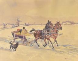 Benyovszky István (1898-1969): Lovasszán. Akvarell, papír, jelzett, üvegezett fa keretben, 35,5×48,5 cm
