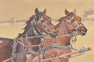 Benyovszky István (1898-1969): Lovasszán. Akvarell, papír, jelzett, üvegezett fa keretben, 35,5×48,5...