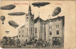 1914 Munkács, Mukacheve, Mukacevo; Városháza, Rosner Mór és Grünfeld W. üzlete. A jövőben montázs, Niedermann tőzsde kiadása / town hall, shops. in the future montage  (EB)