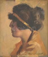 ifj. Teuchert Károly (1856?-1926): Női arckép. Olaj, karton, kissé sérült, jelzett. Sérült fa keretben. 44x37 cm