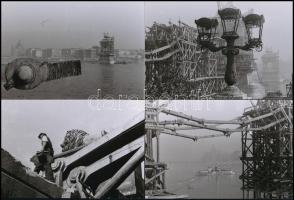 cca 1947 Budapest, a Lánchíd romjainak eltakarítása, a híd újjáépítésének kezdete, Kotnyek Antal (1921-1990) budapesti fotóriporter hagyatékából 7 db mai nagyítás, 10x15 cm