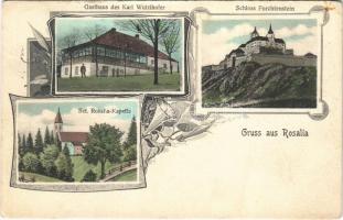 1907 Fraknó, Forchtenstein; vár, Karl Wurzlhofer vendéglője, Rozália kápolna / Schloss, Gasthaus, Rosalia Kapelle / castle, restaurant, chapel. Art Nouveau, floral (Rb)
