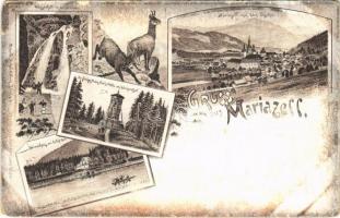 1898 (Vorläufer) Mariazell, Wasserfall in Grünau, Ötscher, Herrenhaus am Erlafsee, Erzherzog Franz Carls Höhe / waterfall, hotel, lookout tower, Regel & Krug No. 673. litho (worn)