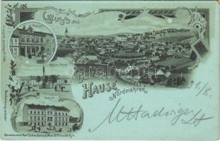 1899 (Vorläufer) Huzová, Deutsch Hause; Post Amt, Marien Säule, Schule. Kunstanstalt Karl Schwidernoch / post office, statue, school. Art Nouveau, floral, litho