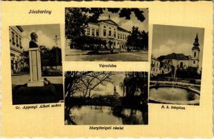 Jászberény, Gr. Apponyi Albert szobra, városháza, R. k. templom, Margitszigeti részlet