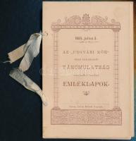 1893. julius 5. Az Ungvári Kör által rendezett táncmulatság által kiadott emléklapok, nyom. Lévai Mórnál Ungvárt. Táncrenddel, versekkel stb. 6 számozatlan oldal, illusztrált borítóval hátoldala foltos, 13,5x8,5 cm